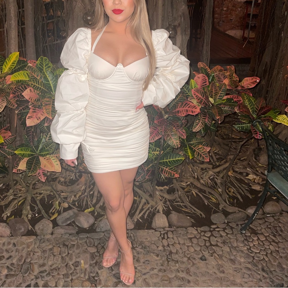 Oh Polly Long Puff Sleeve Ruched Mini Dress in White